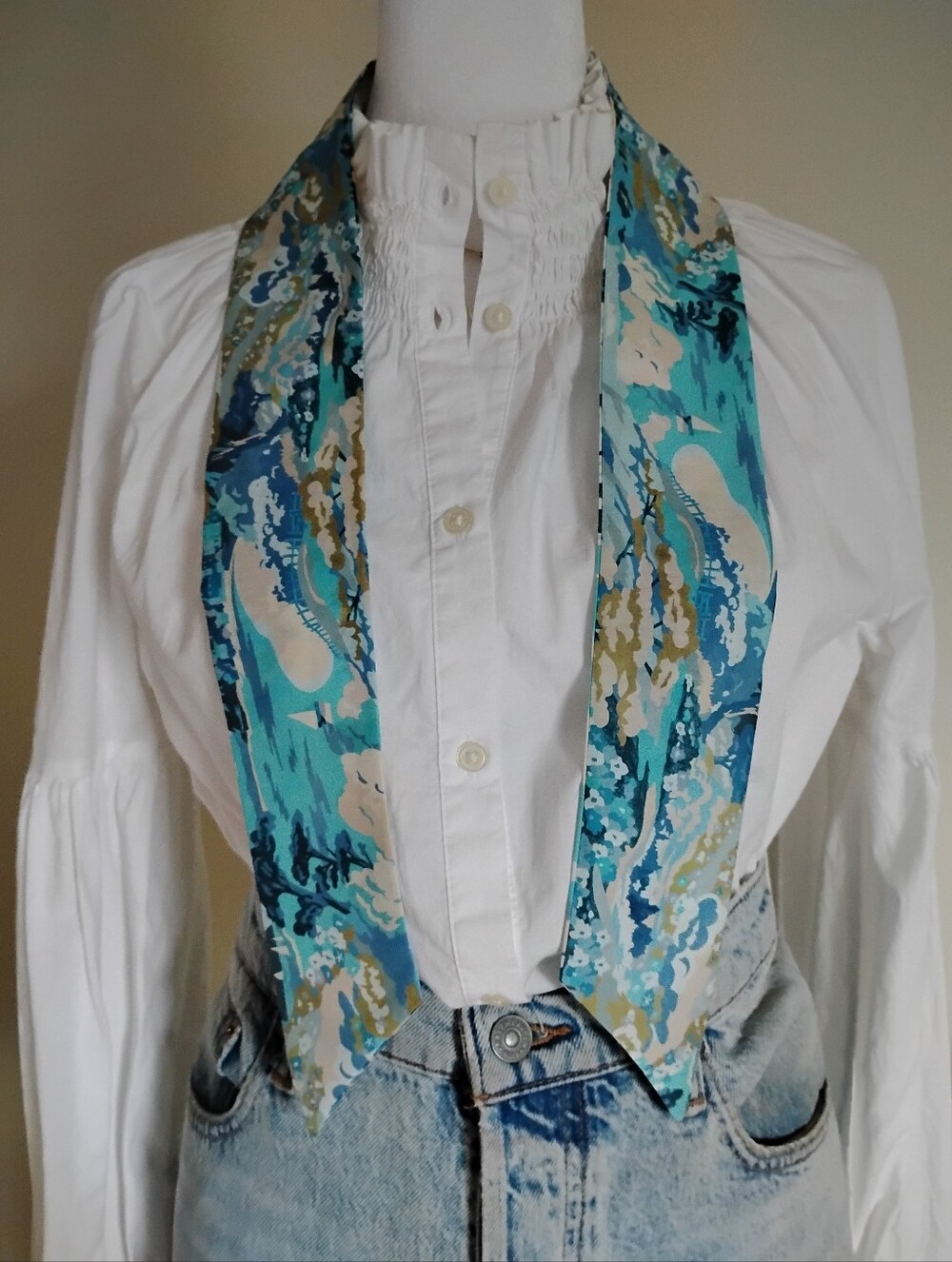 Liberty Art Fabric Tana Lawn Skinny Scarf Coastal Landscape Blue Sailboat Beach - Picture 4 of 15
